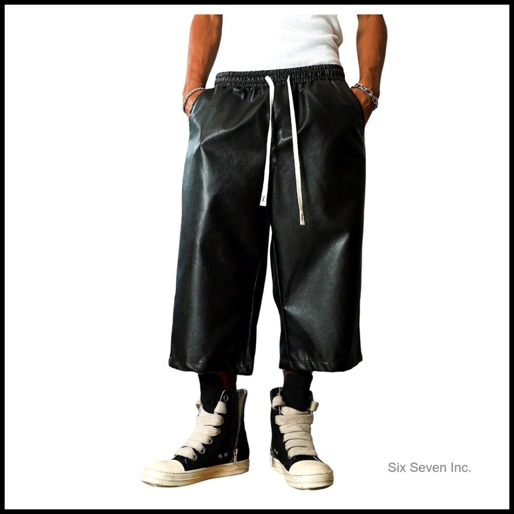 PU Leather Shorts Wide Leg Bermuda Capris Hip Hop Streetwear Elastic Waist